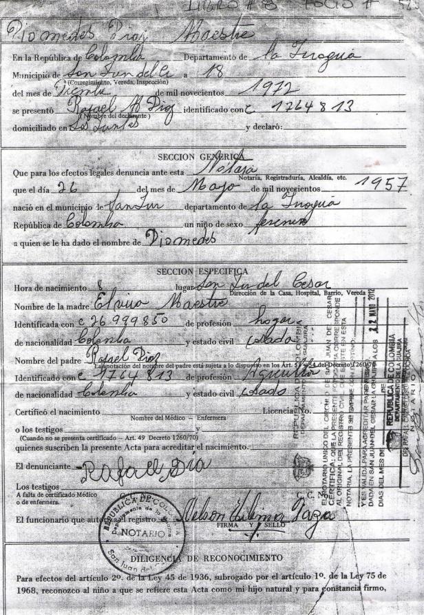 Registro civil de Diomedes Díaz Maestre